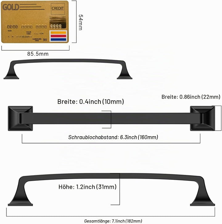 Amerdeco 10 Stück Möbelgriffe Schwarz 160mm Lochabstand Zinklegierung Griffe für Küchenschränke Schr