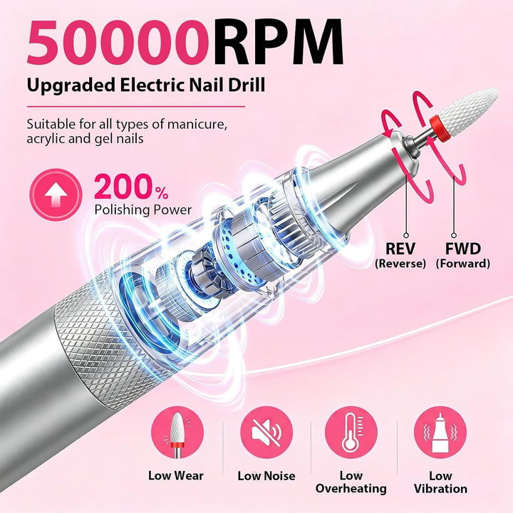 Elektrischer Nagelfräser, 50000 U/min, Professionelles Wiederaufladbares Tragbares Nagelfeilen-Set –