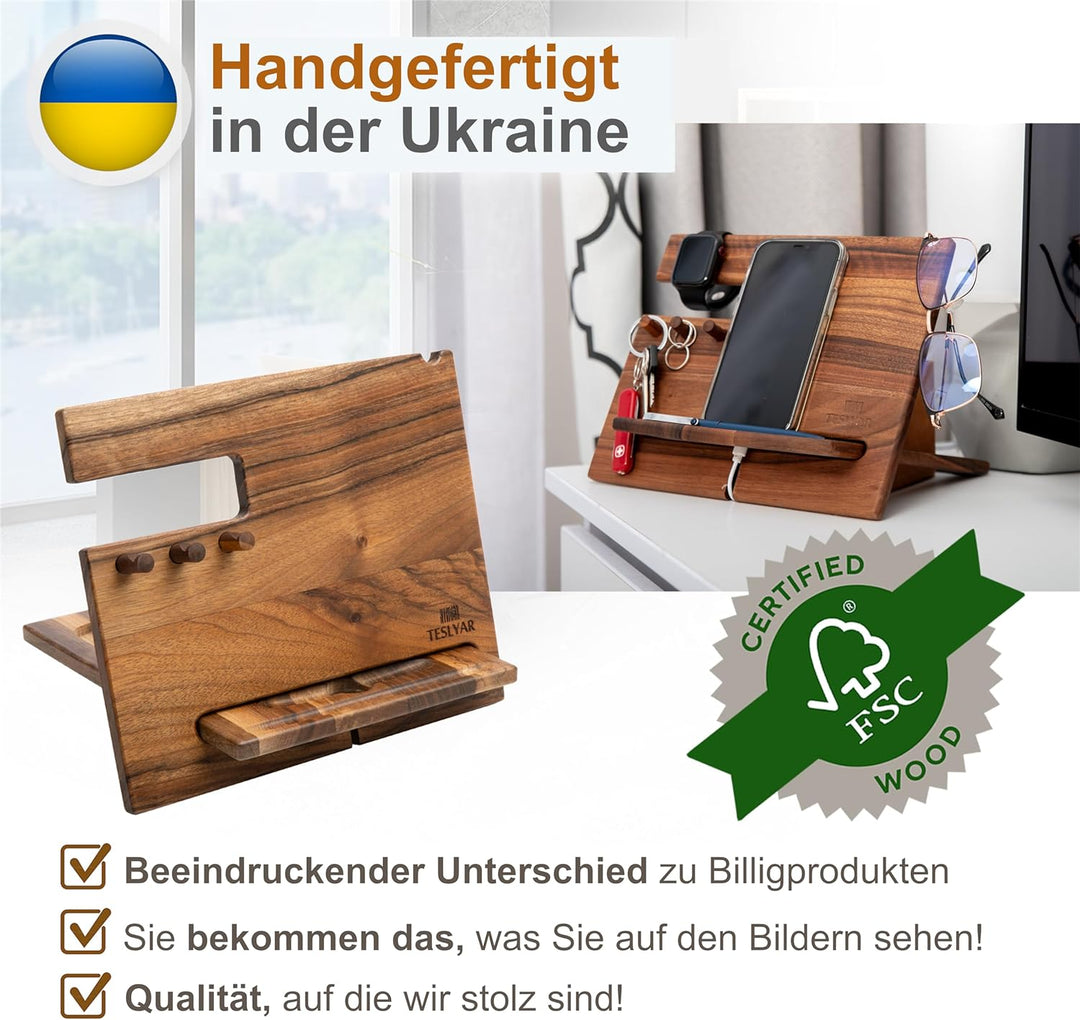 Holz Telefon Dockingstation Nussbaum mit Schlüsselanhänger Geldbörsenständer & Uhren Organisator Her