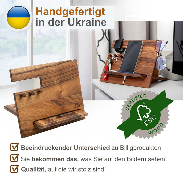 Holz Telefon Dockingstation Nussbaum mit Schlüsselanhänger Geldbörsenständer & Uhren Organisator Her