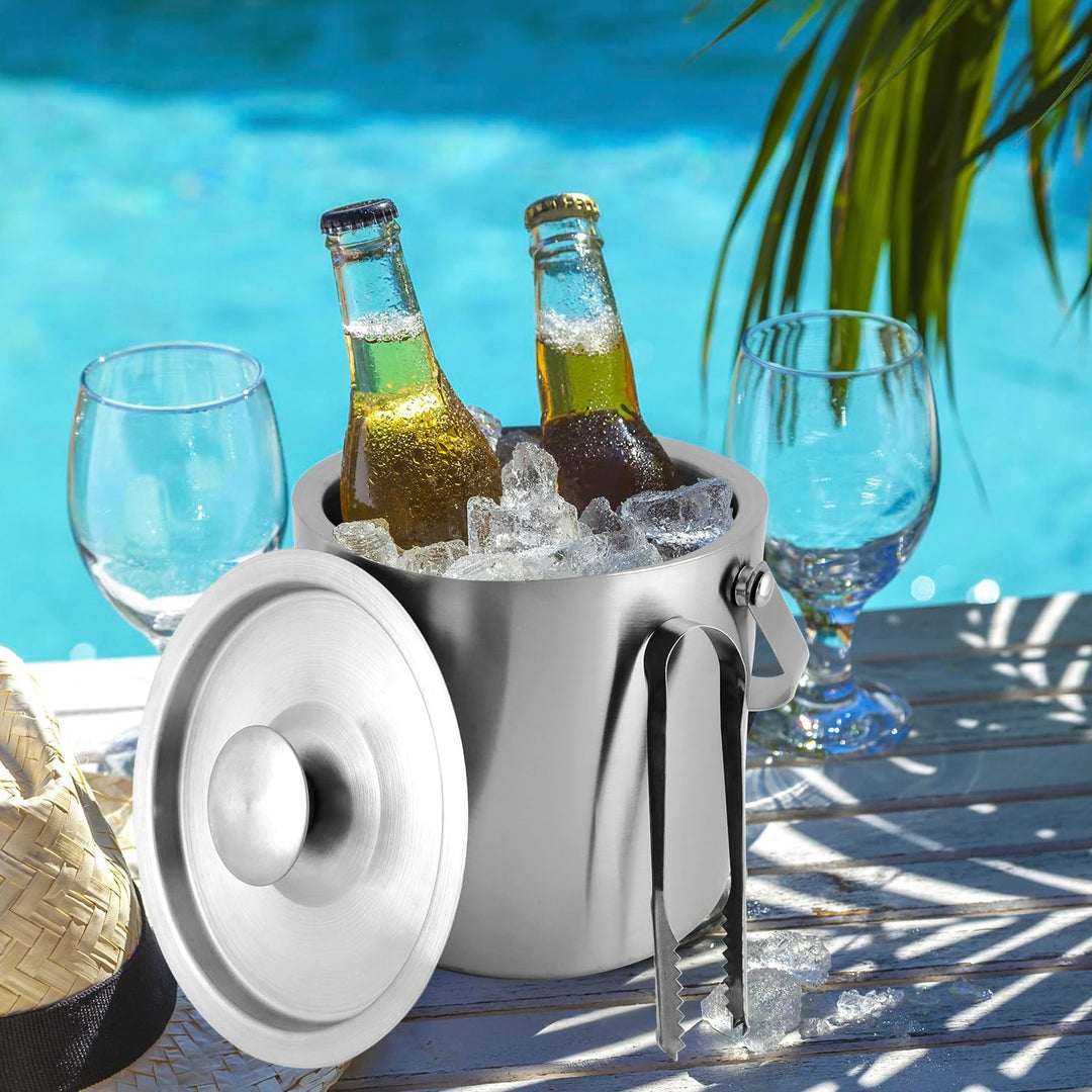 QWORK® 3L Eiskübel aus 304 Edelstahl mit Doppelwand, Deckel und Eiszange – ideal für Hausbars, Party