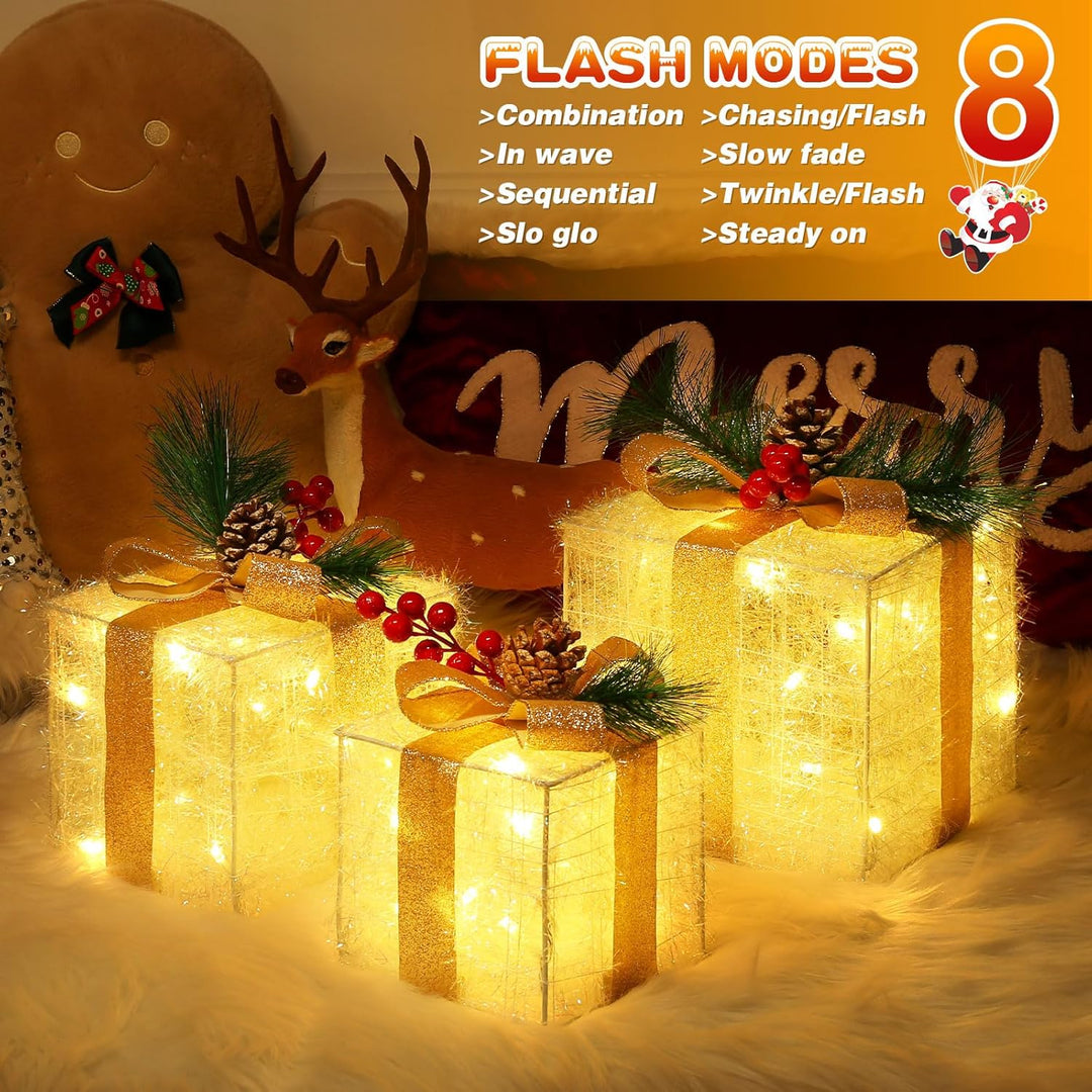 Quntis 3 Set LED Geschenkbox Weihnachten, Weihnachtsdeko Innen Strombetrieben, 60 warmweisse LEDs, B