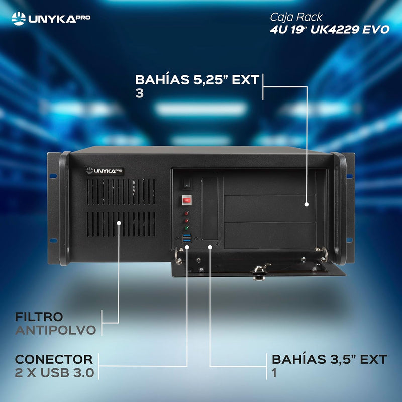 Unykach UK4229 EVO Rack-Gehäuse, Tiefe 480 mm, 2 USB3.0, 1 x 120 mm Lüfter und 2 x 80 mm Lüfter, Sch