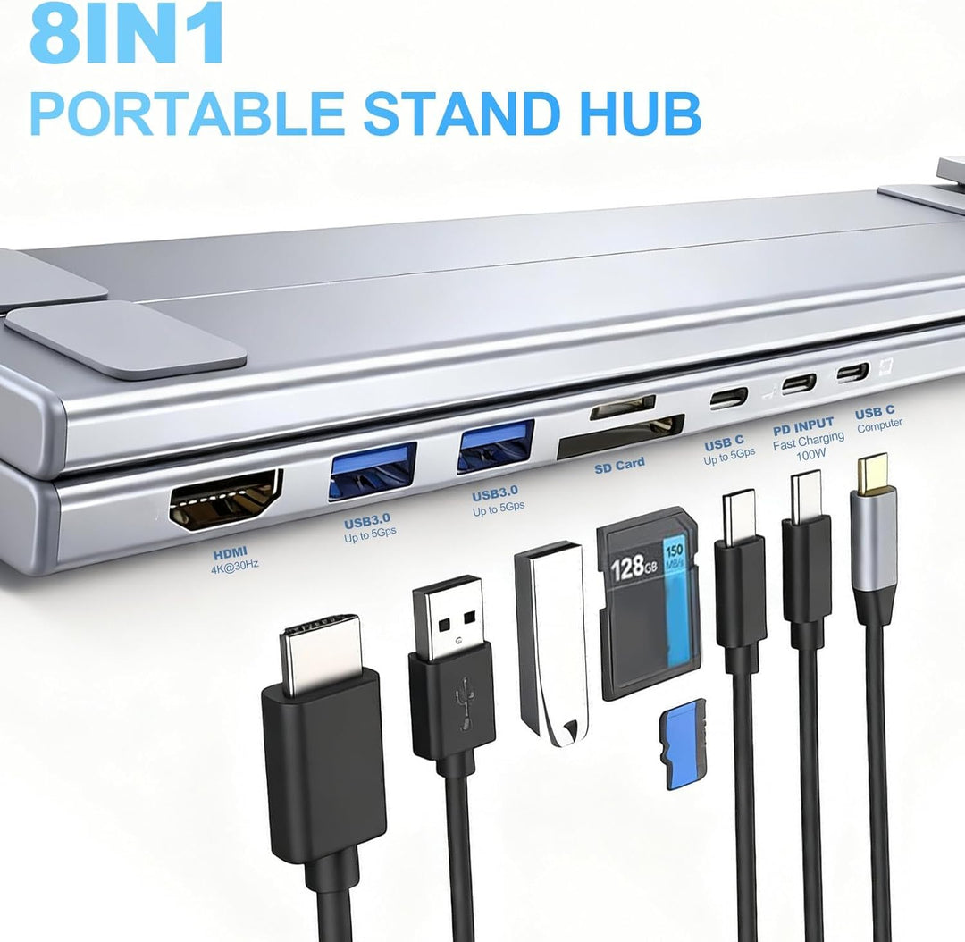 8-in-1 USB-C Laptopständer, Aluminium Laptop Ständer mit 8-in-1 USB C Dockingstation, Faltbarer Stan
