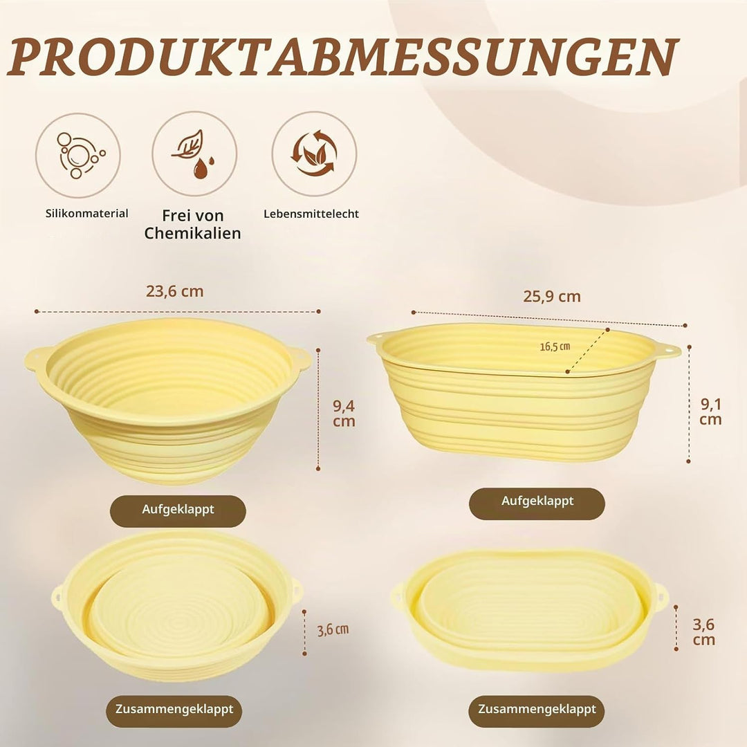 Gärkörbchen Sauerteig Starter Set Silikon 23cm Rund &amp; 25cm Oval Gärkorb mit 650ML Sauerteig Glas Fal