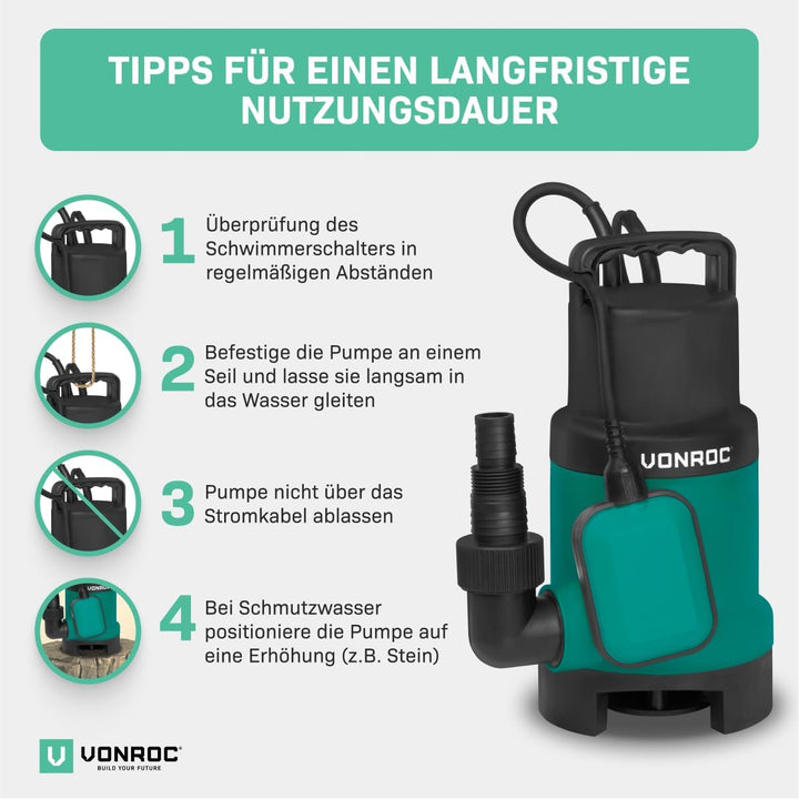 VONROC Tauchpumpe Schmutzwasserpumpe - Wasserpumpe für Schmutzwasser Keller - Flachsaugend - Gartenp