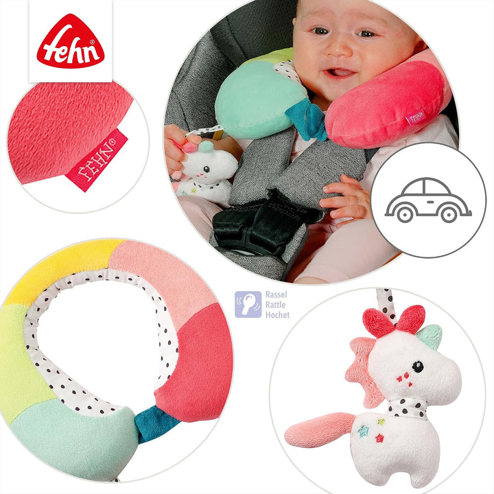 Fehn Nackenstütze Einhorn – Nackenkissen mit kleinem Rassel-Tier – Ergonomische Form des Nackenhörnc