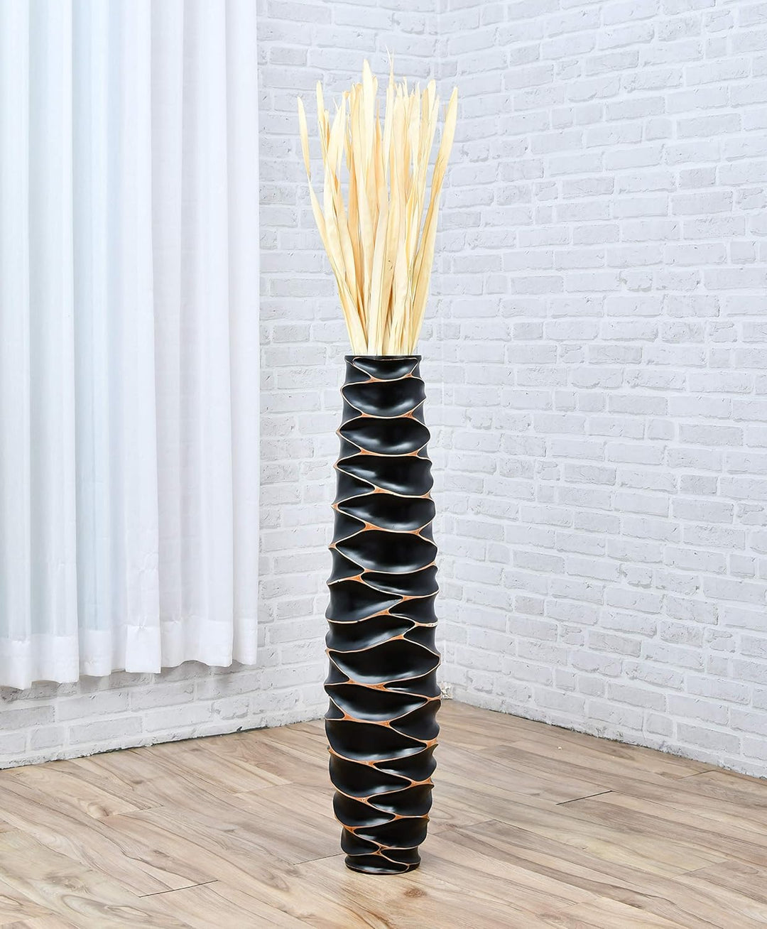 Leewadee Grosse Bodenvase für Dekozweige hohe Standvase Design Holzvase, Holz, 90 cm, Schwarz 90 cm
