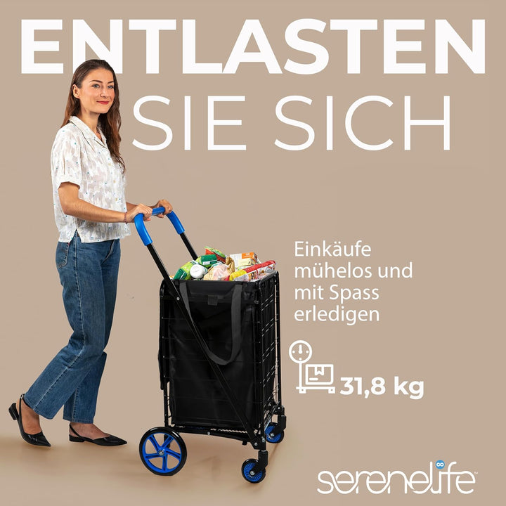SereneLife Einkaufstrolley, Einkaufswagen Klappbar mit 50L Kapazität, Shopping Trolley belastbar bis