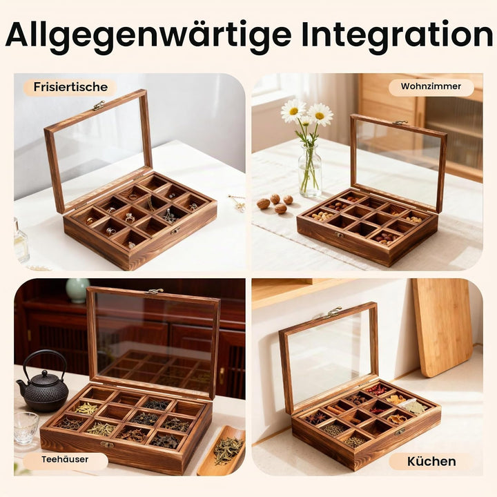 Handgefertigte Indische Masala Dabba Gewürzbox aus Holz mit Glasdeckel,Gewürzbox mit 12 nicht heraus