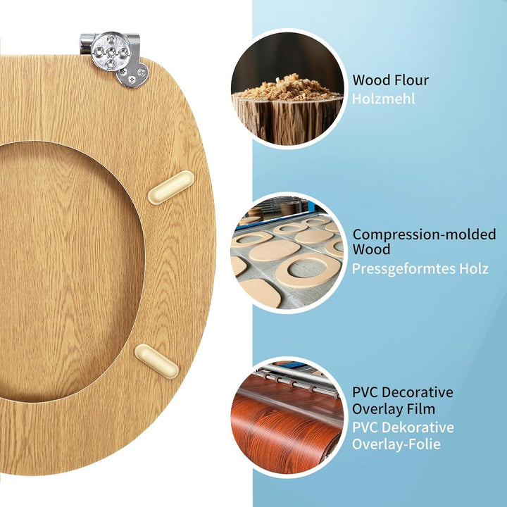 WC-Sitz mit Absenkautomatik, Toilettendeckel aus stabilem MDF-Holzkern, Verstellbare Scharniere aus