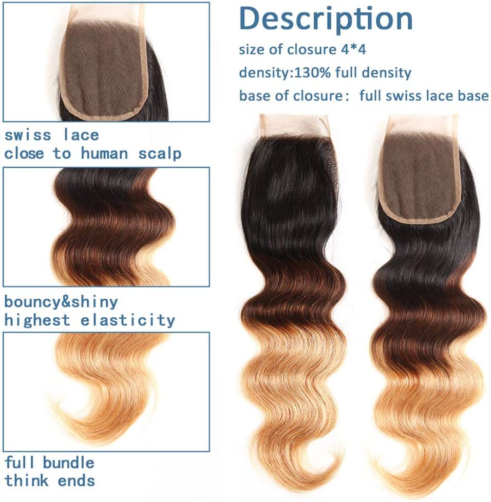 Ombre Echthaarbündel Brasilianisches Haar Körperwelle (T1B/4/27,22 24 26+20) - 3 Bündel Mit Verschlu
