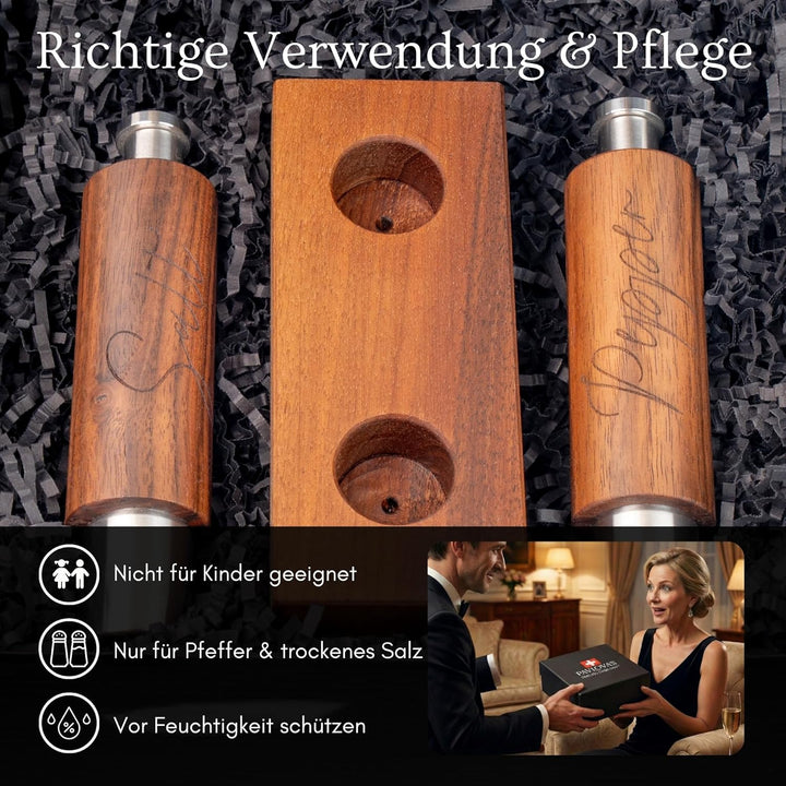 PAVLOVA’S Schweizer Pfeffer- und Salzmühlen Set aus Walnussholz – Einhand-Mühlen mit Keramikmahlwerk