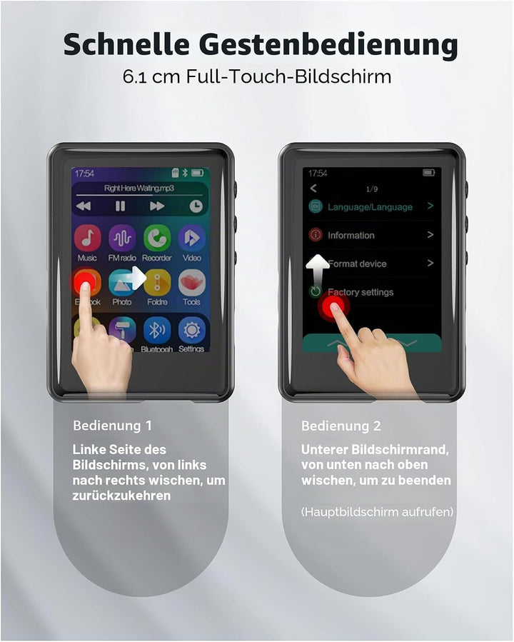 32GB MP3 Player mit Bluetooth 5.3, 2,4 Zoll Full-Touchscreen, Tragbarer mp3 Player Kinder mit Lautsp