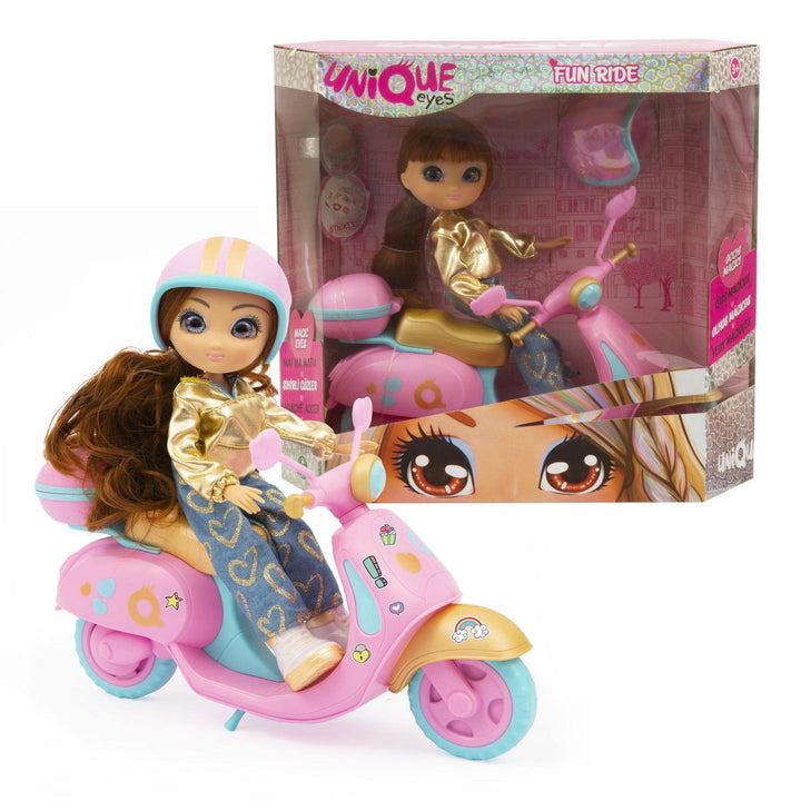 UNIQUE EYES, Puppe 25 cm – Sophia, mit ihrem Blick nach den Augen, mit Roller, Spielzeug für Kinder