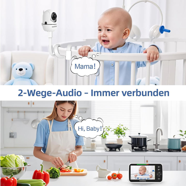 HelloBaby Babyfon ohne WLAN mit Halterung, 5-Zoll-IPS-Bildschirm und 30 Stunden Akkulaufzeit mit VOX