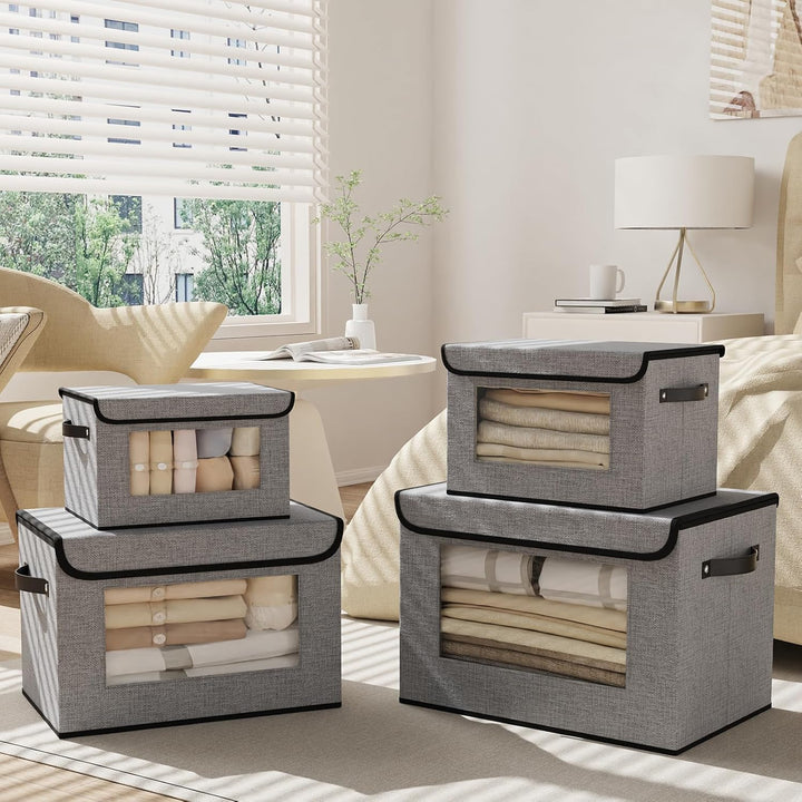 YheenLf Aufbewahrungsbox mit Deckel, Kleiderschrank Organizer, Stoff Grau Aufbewahrungsboxn mit Fens