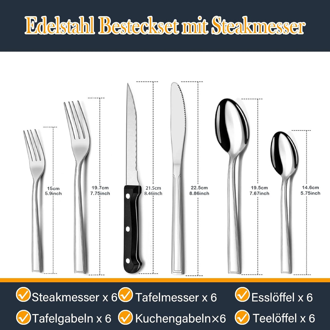 Besteck Set 6 Personen, Hunnycook 36 teilig Essbesteck mit Steakmesser, Besteckset Edelstahl mit Mes