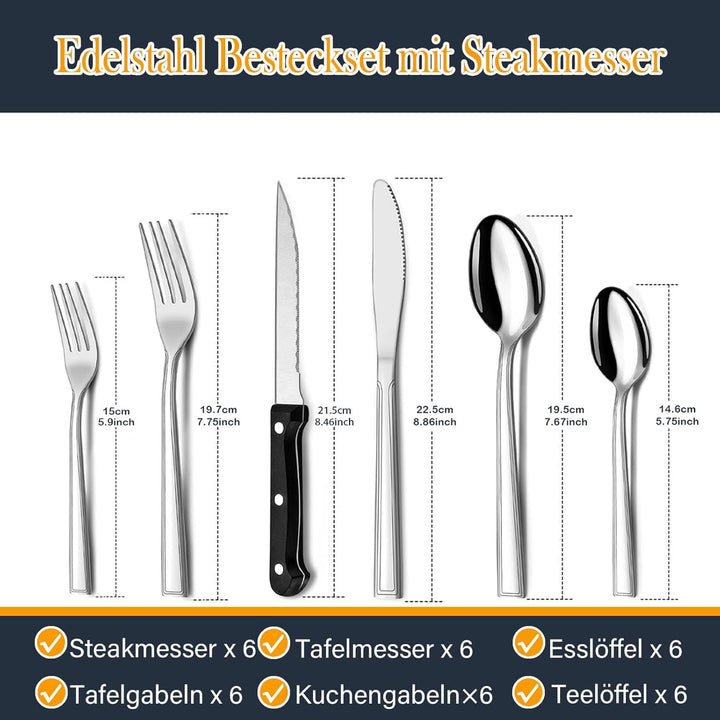 Besteck Set 6 Personen, Hunnycook 36 teilig Essbesteck mit Steakmesser, Besteckset Edelstahl mit Mes