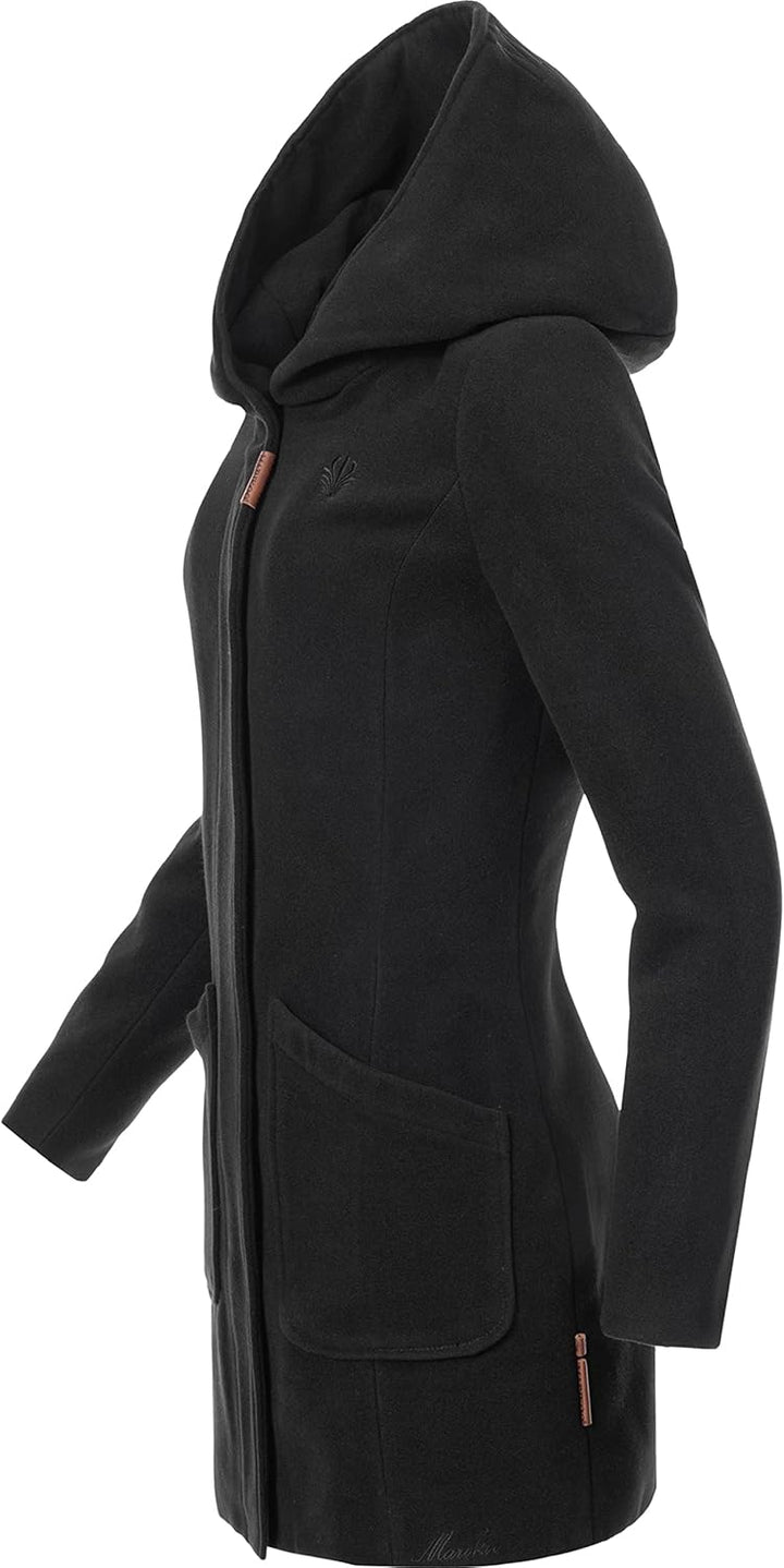 MARIKOO Damen Mantel in Wolloptik Warmer Trenchcoat mit Kapuze Maikoo XS-5XL S Schwarz, S Schwarz