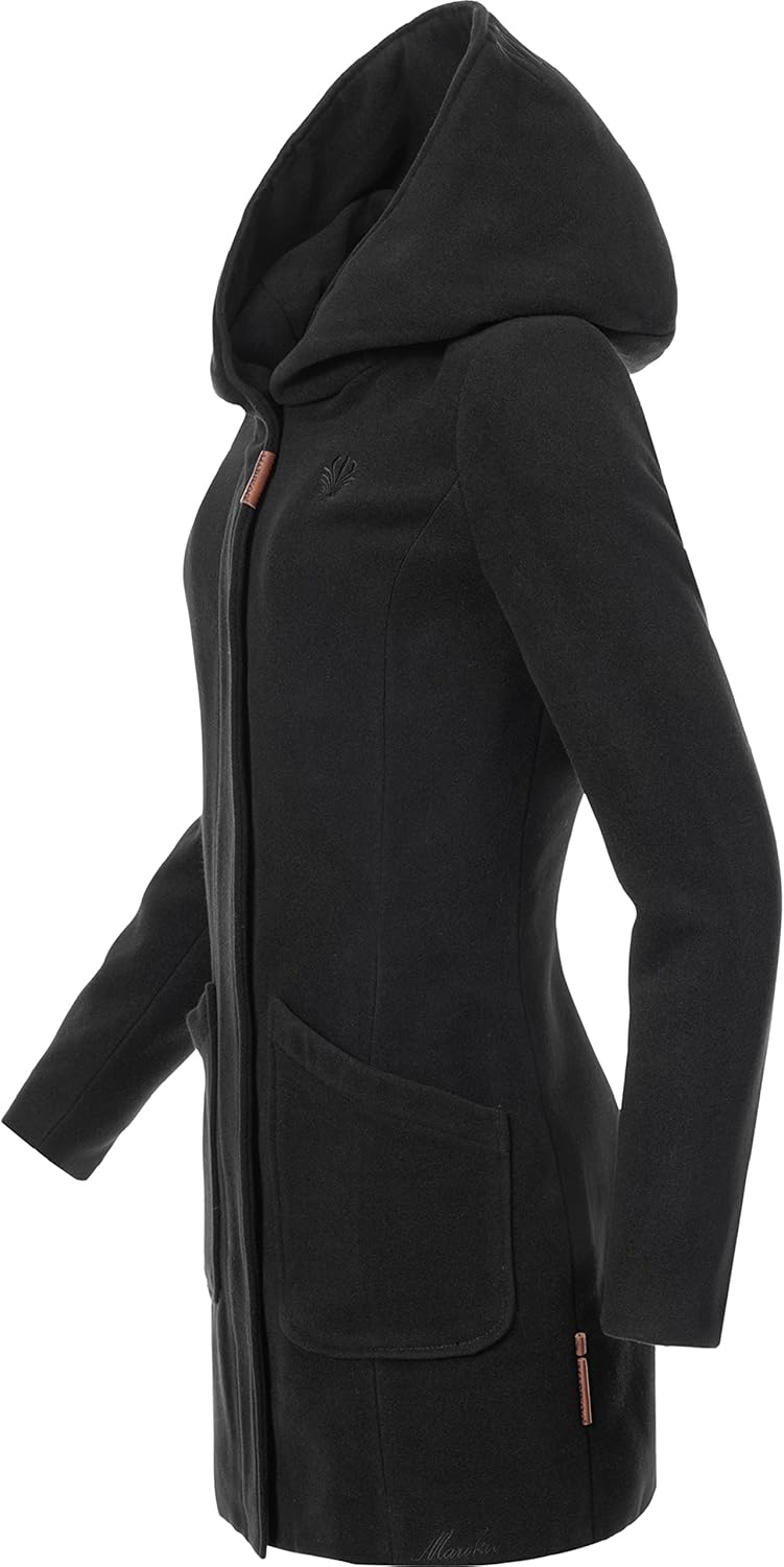MARIKOO Damen Mantel in Wollmantel-Optik warmer Trenchcoat mit Kapuze Maikoo XS-5XL M Schwarz, M Sch