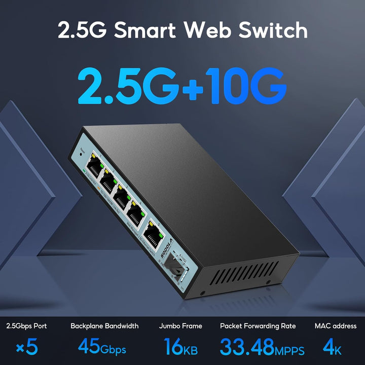 SODOLA 6 Port 2.5G Smart Web Ethernet Switch,1 10G SFP und 5 x 2.5G Base-T Ports,Unterstützt Statisc