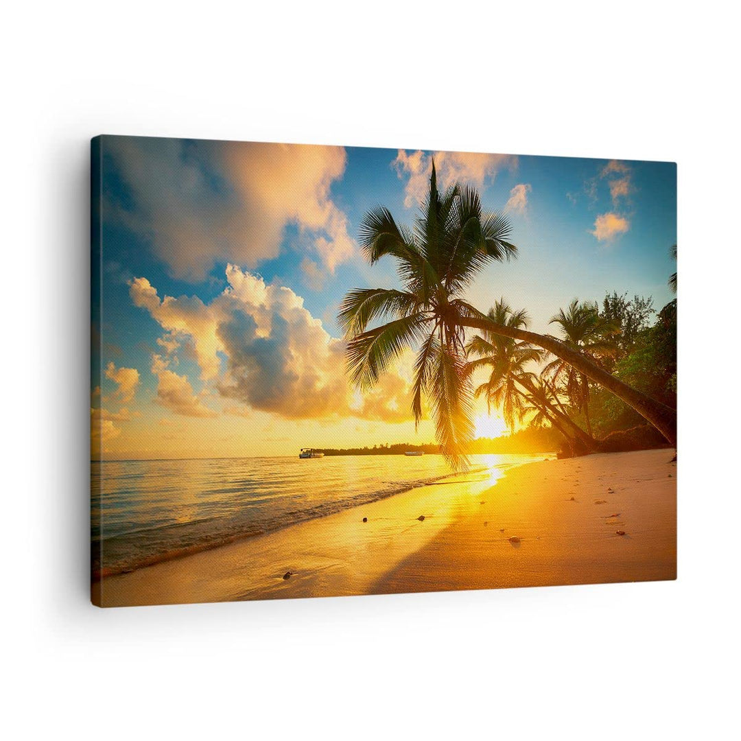 Bilder auf Leinwand Meer Strand Palme Leinwandbild mit Rahmen 70x50cm Wandbilder Dekoration Wohnzimm
