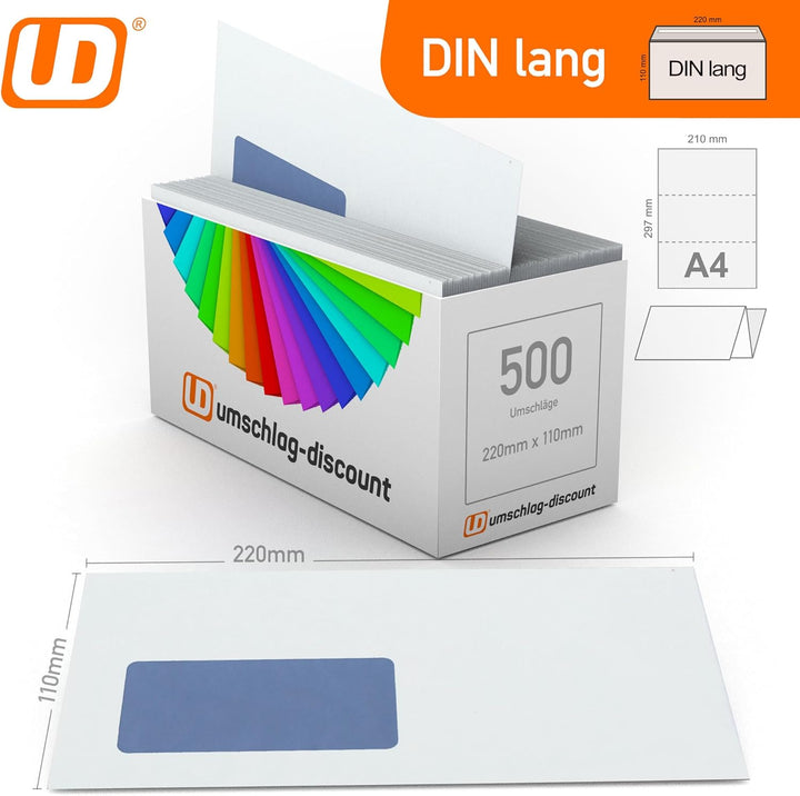 umschlag-discount - 500 Briefumschläge mit Fenster, DIN lang = 220 x 110 mm, mit Laser bedruckbar, G