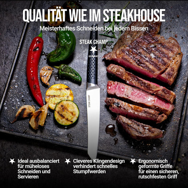 Steakchamp Steakmesser Prime Rib: 4 Steakmesser aus Klingenstahl, Rutschfeste Griffe, Elegantes Desi