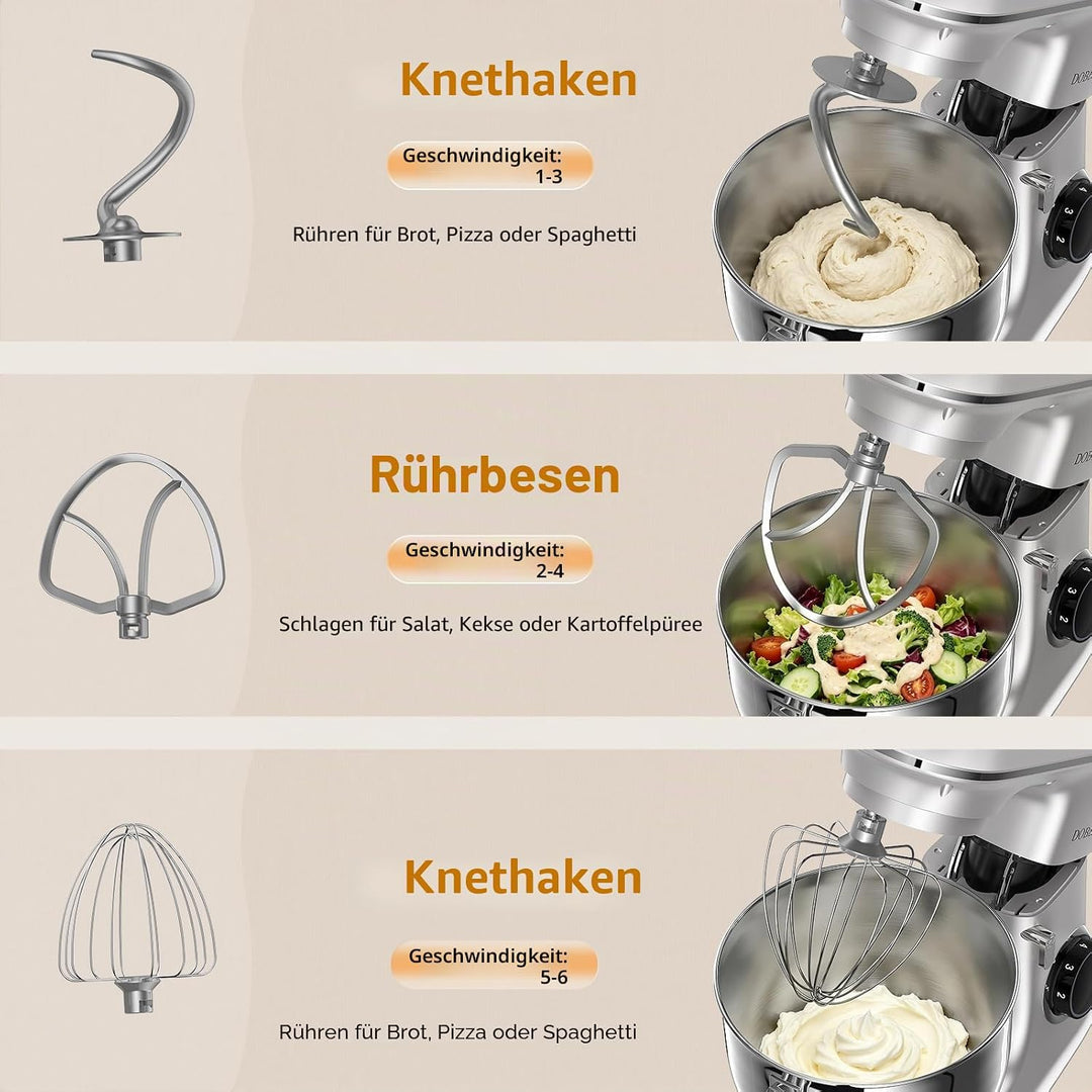 9.5L Küchenmaschine Knetmaschine 1500W, DOBBOR Rührmaschine mit Rührbesen, Knethaken, Schlagbesen, S