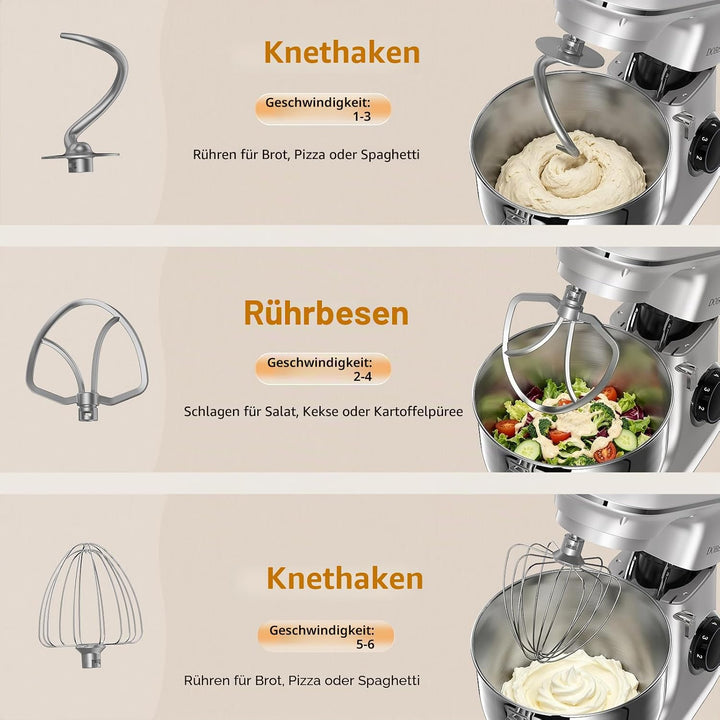 9.5L Küchenmaschine Knetmaschine 1500W, DOBBOR Rührmaschine mit Rührbesen, Knethaken, Schlagbesen, S