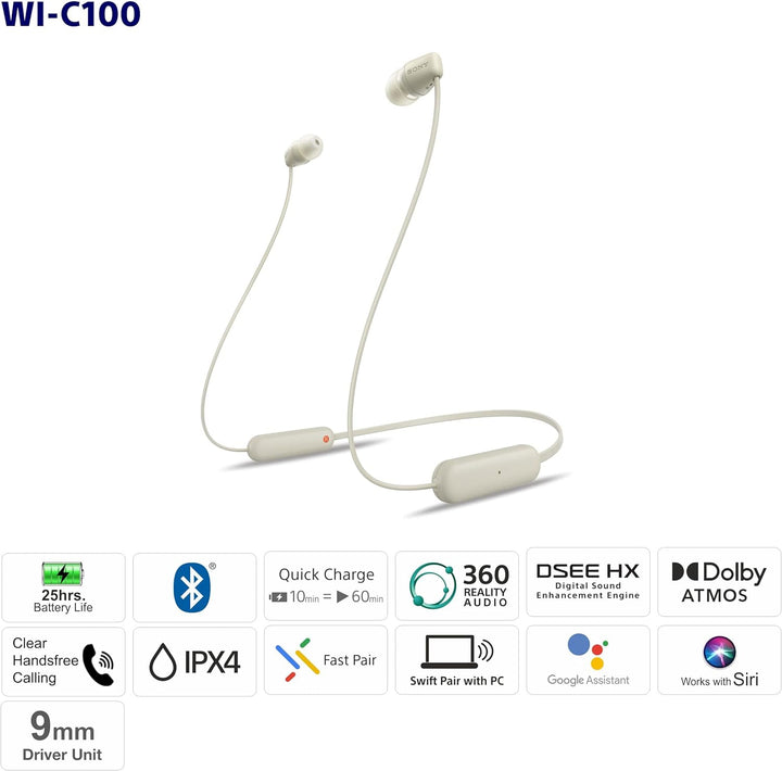Sony kabellose WI-C100 In-Ear-Kopfhörer (bis zu 25 Stunden Akkulaufzeit, optimiert für Sprachassiste