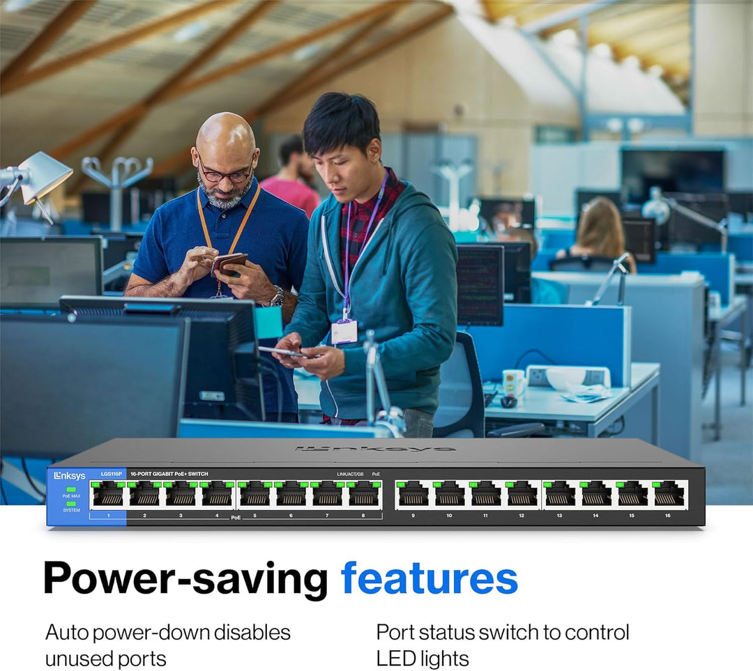 Linksys LGS116P-EU 16-Port Unmanaged Gigabit-Netzwerk-Switch mit 8 PoE+-Ports, Ethernet-Splitter – b