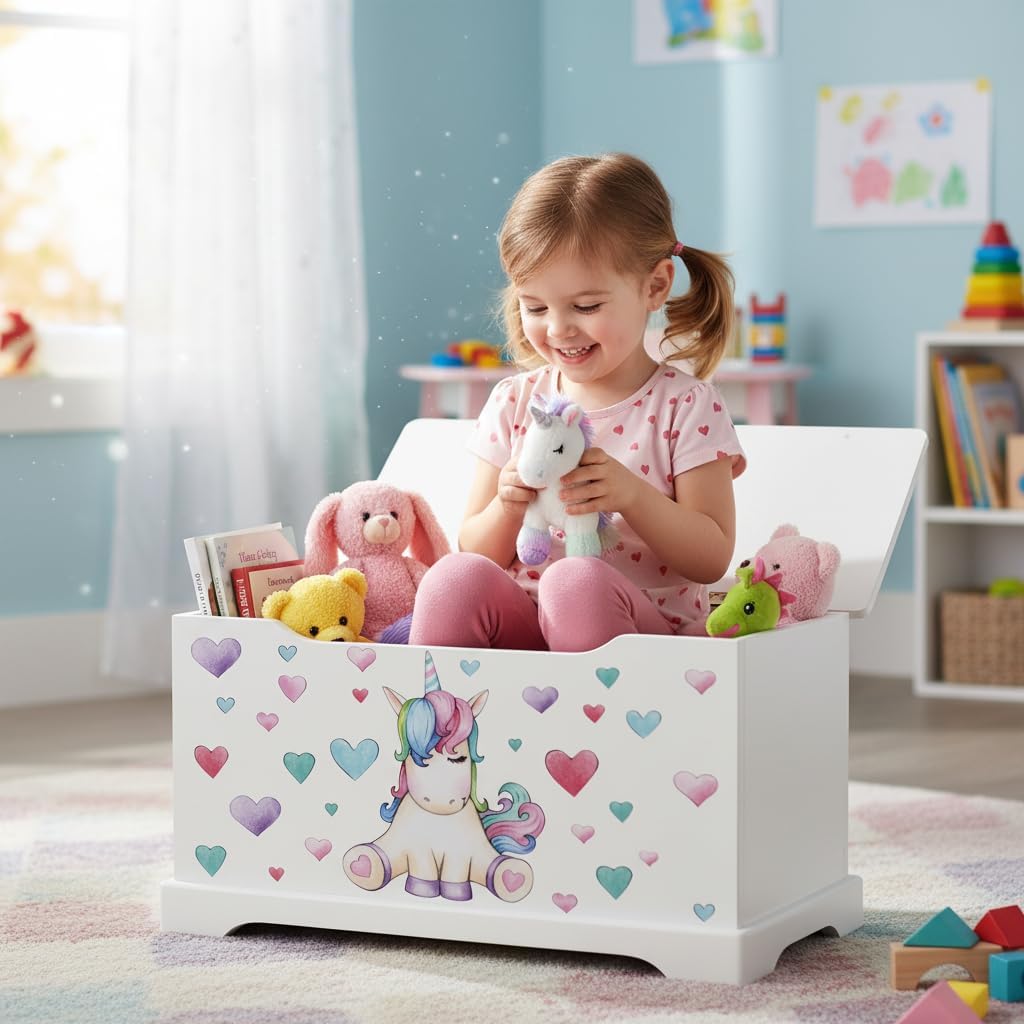 Leomark Hölzern Kindertruhenbank - UNICORN - Kinderbank, Behälter für Spielzeug, Truhe für Kinderzim