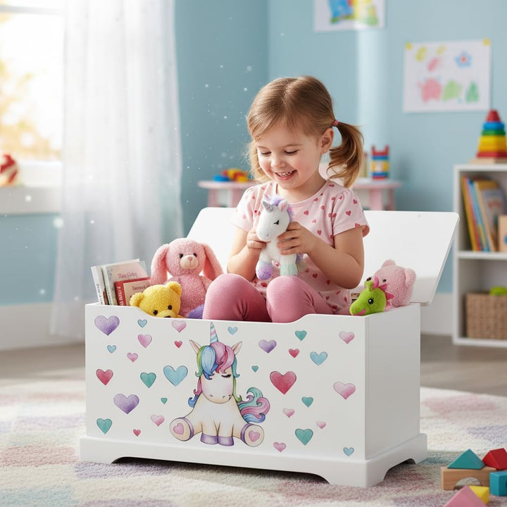 Leomark Hölzern Kindertruhenbank - UNICORN - Kinderbank, Behälter für Spielzeug, Truhe für Kinderzim