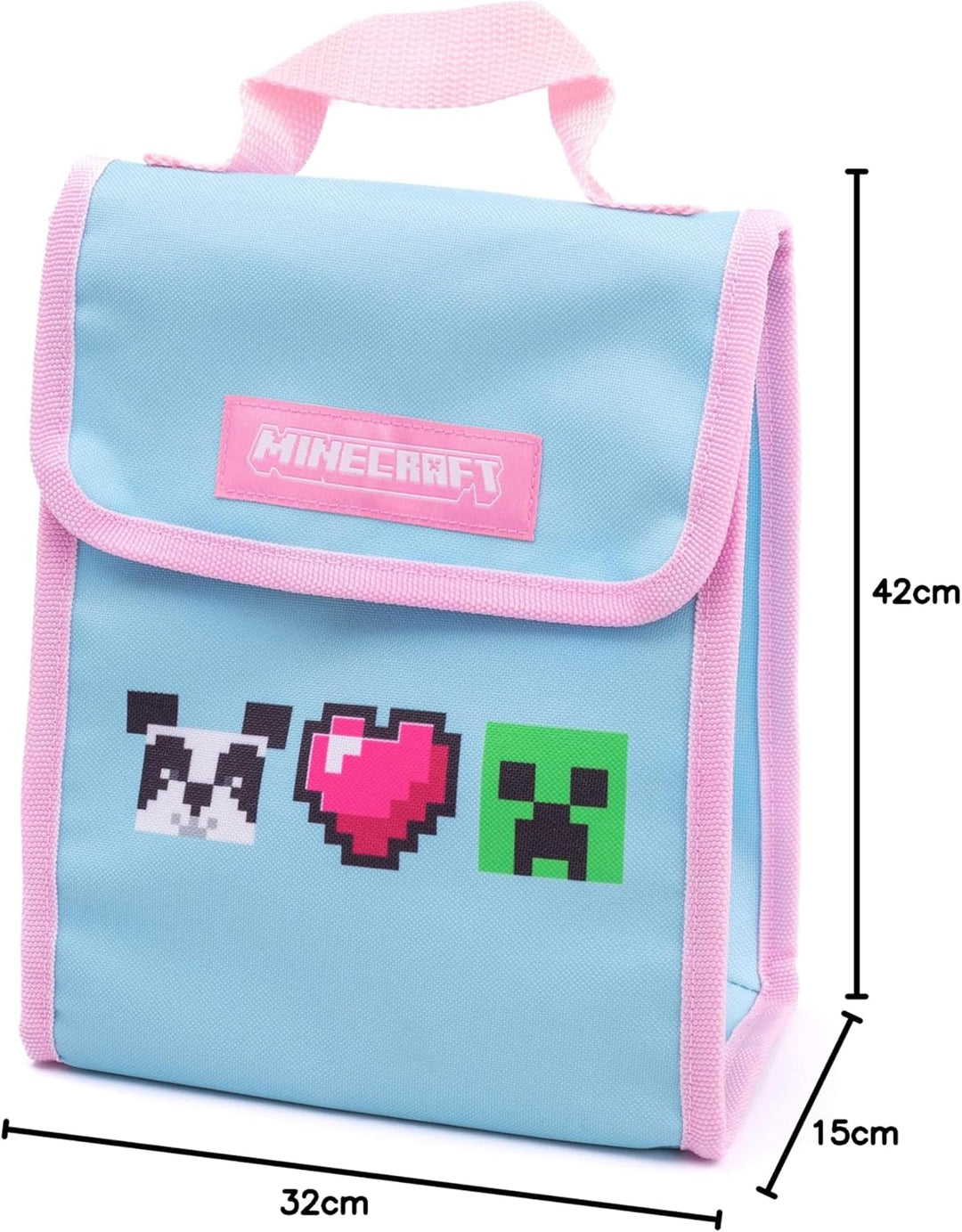 Minecraft Rucksack und Brotdose Set für Mädchen | Kinder 4-teilig Creeper Panda Herzen Blau Schulruc