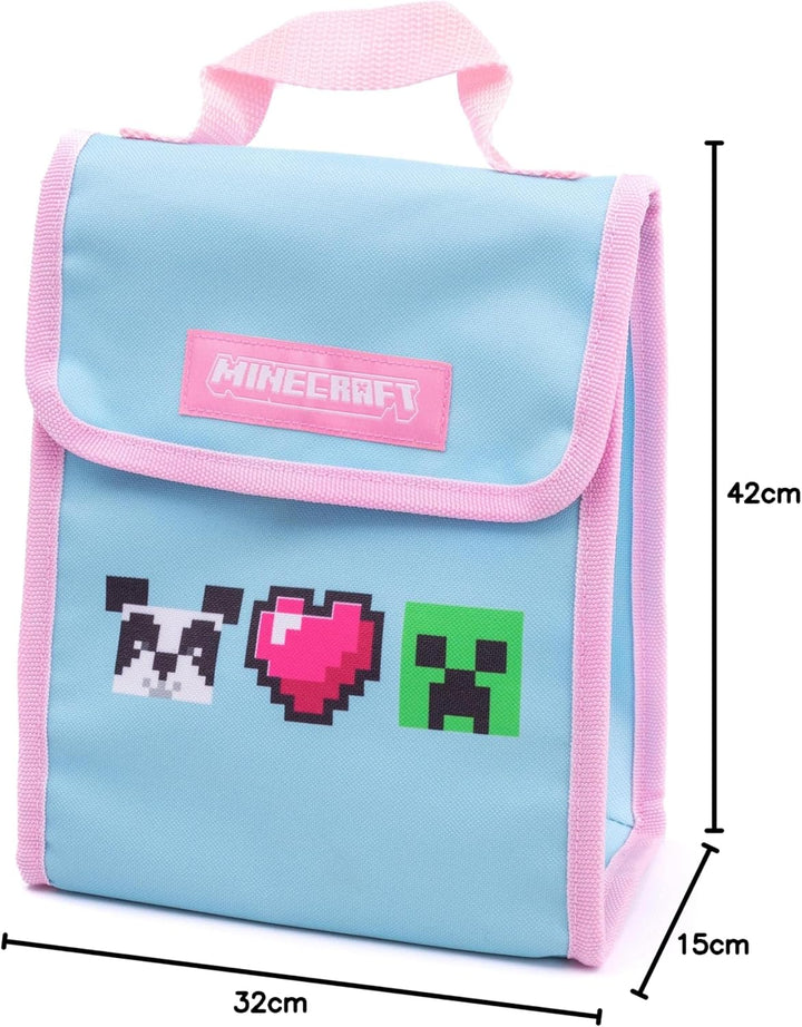 Minecraft Rucksack und Brotdose Set für Mädchen | Kinder 4-teilig Creeper Panda Herzen Blau Schulruc