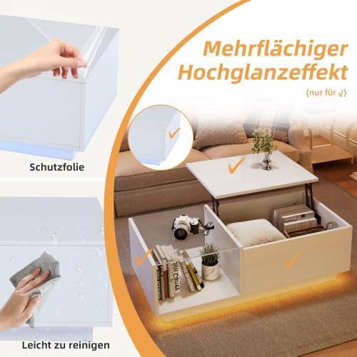 Merax Couchtisch mit Smart LED-Beleuchtung, App-Steuerung, Anhebbarer Tischplatte, Hochglanz-Oberflä