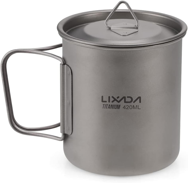 Lixada Titanium Topf Camping Tragbar Titan Wasser Tragbar Becher Tasse Klappgriff(300 ml,350 ml,420m