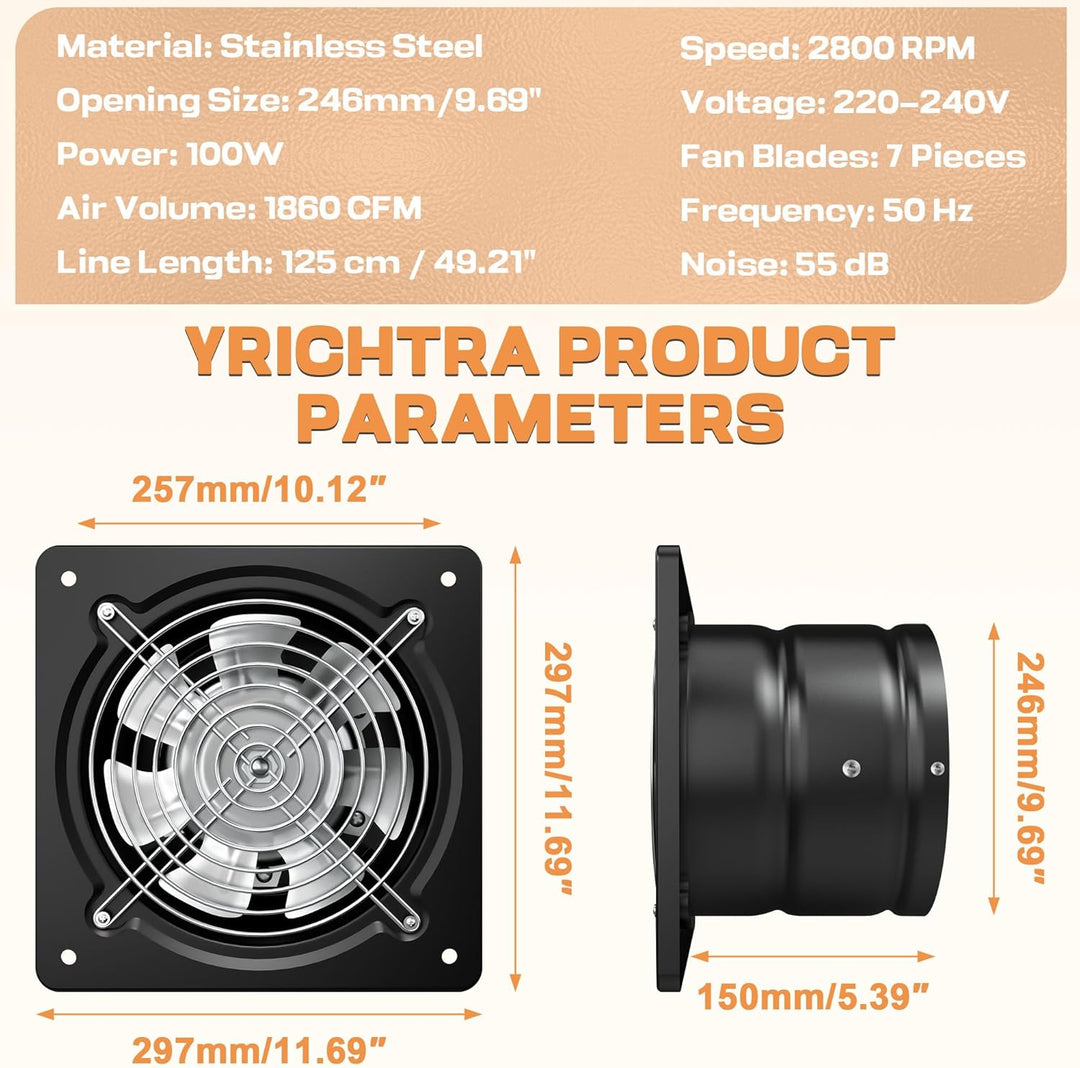 Yrichtra Abluftventilator 250mm Lüfter 1680m³/h – Leiser Betrieb, Rückstauklappe für Besseren Luftau