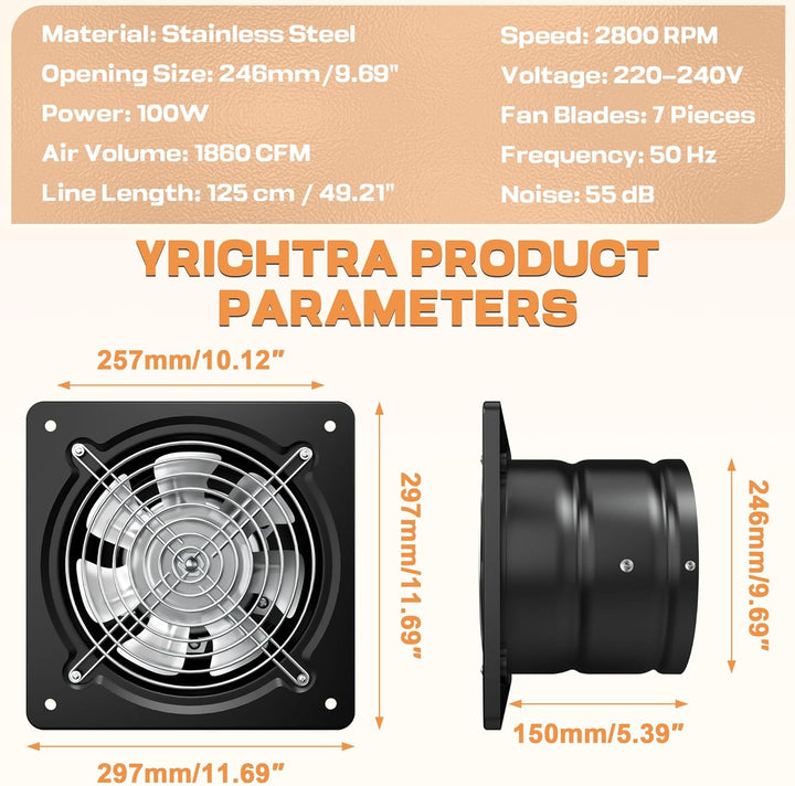 Yrichtra Abluftventilator 250mm Lüfter 1680m³/h – Leiser Betrieb, Rückstauklappe für Besseren Luftau