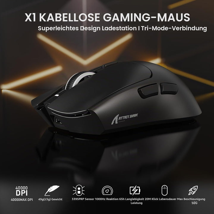MAMBASNAKE x Attack Shark X1 Gaming-Maus mit Ladestation, 49g Ultralight, 40K DPI PAW3395 PRO-Sensor