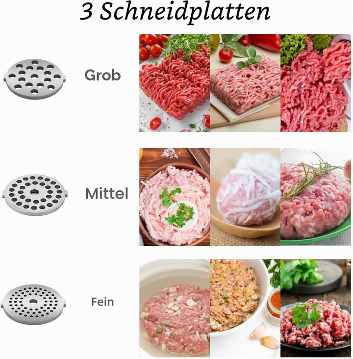 COOCHEER Profi Fleischwolf 2000W - Elektrischer Multizerkleinerer mit 3 Scheiben &amp; Wurstfüller Silbe