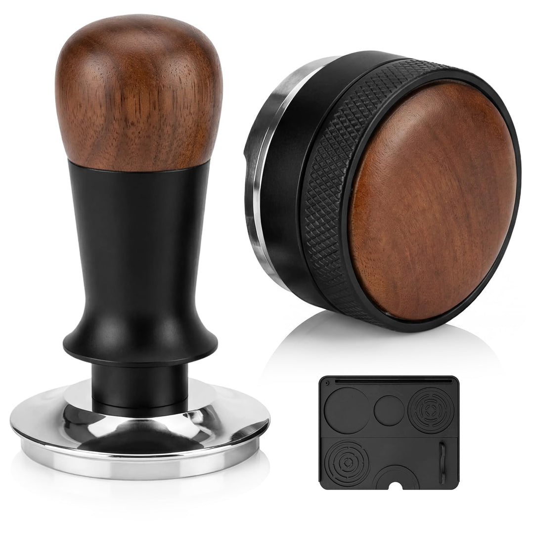 Kaffeetamper Set 58mm Edelstahl mit Echtholz-Griff - Profi Espresso Tamper & Höhenverstellbarer Kaff