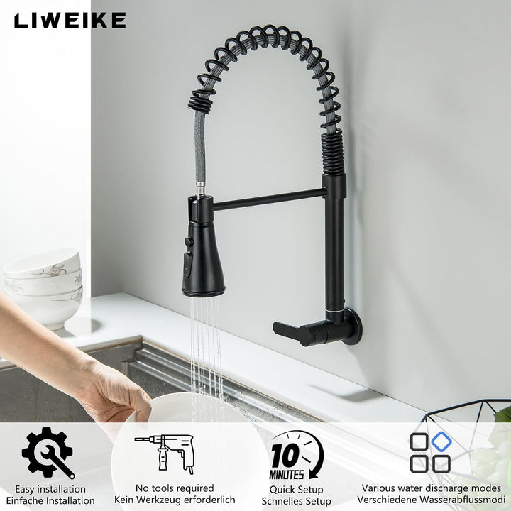 LIWEIKE Wasserhahn Kaltwasser Schwarz, 360° Drehbarer Kaltwasser armaturen mit 3 Strahlarten Wasserh