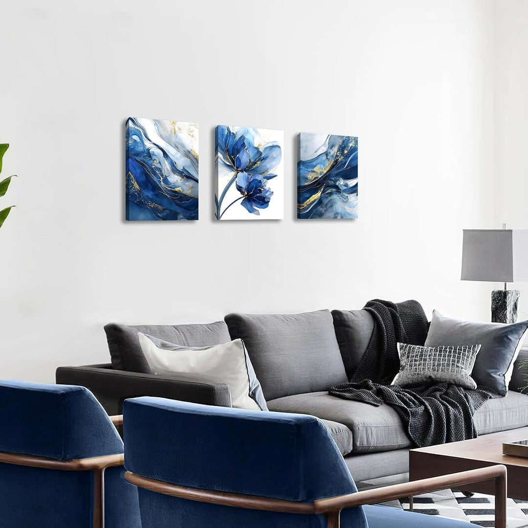 3Pcs Aquarell Gold Blau Lotusblume Mit Rahmen Leinwand Bilder Abstrakt Marineblau Marmor Bild auf Le