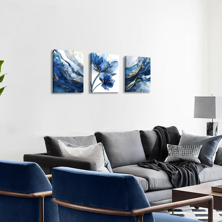 3Pcs Aquarell Gold Blau Lotusblume Mit Rahmen Leinwand Bilder Abstrakt Marineblau Marmor Bild auf Le