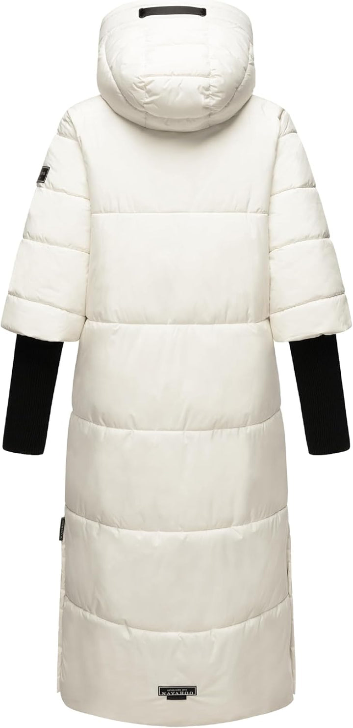 Navahoo Damen Wintermantel warmer Steppmantel lang mit Kapuze und Rippstrickärmeln Ciao Miau XIV XS-