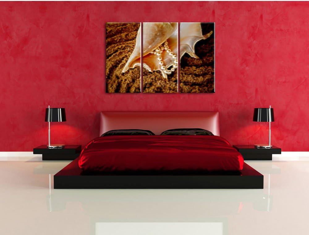Pixxprint Muschel mit Perlen als Leinwandbild/Grösse: 3 Teilig (120x80) cm/Wandbild/Kunstdruck/ferti