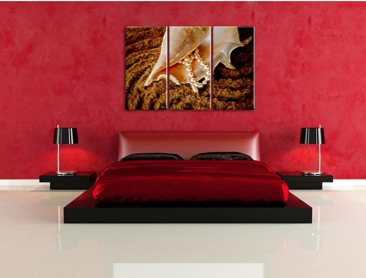 Pixxprint Muschel mit Perlen als Leinwandbild/Grösse: 3 Teilig (120x80) cm/Wandbild/Kunstdruck/ferti